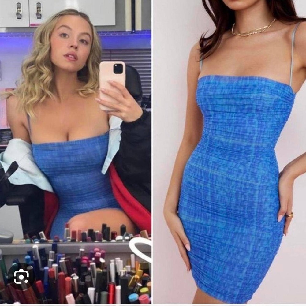 House of CB Ella Blue Printed Ruched Dress Size Small Viral Sydney Sweeney Dress
